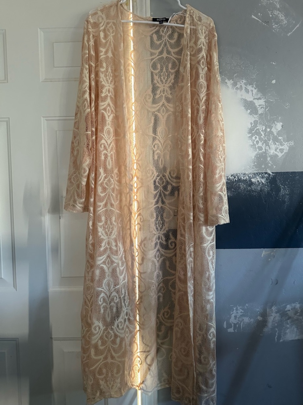 Long Lace Duster Cardigan in Beige/Cream